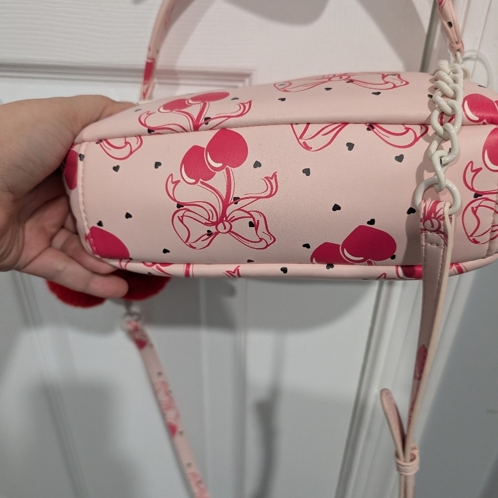 NWT Luv Betsey Pink Bow Cherries Black Hearts Crossbody Purse W/ Cherry Pompoms - Picture 7 of 10